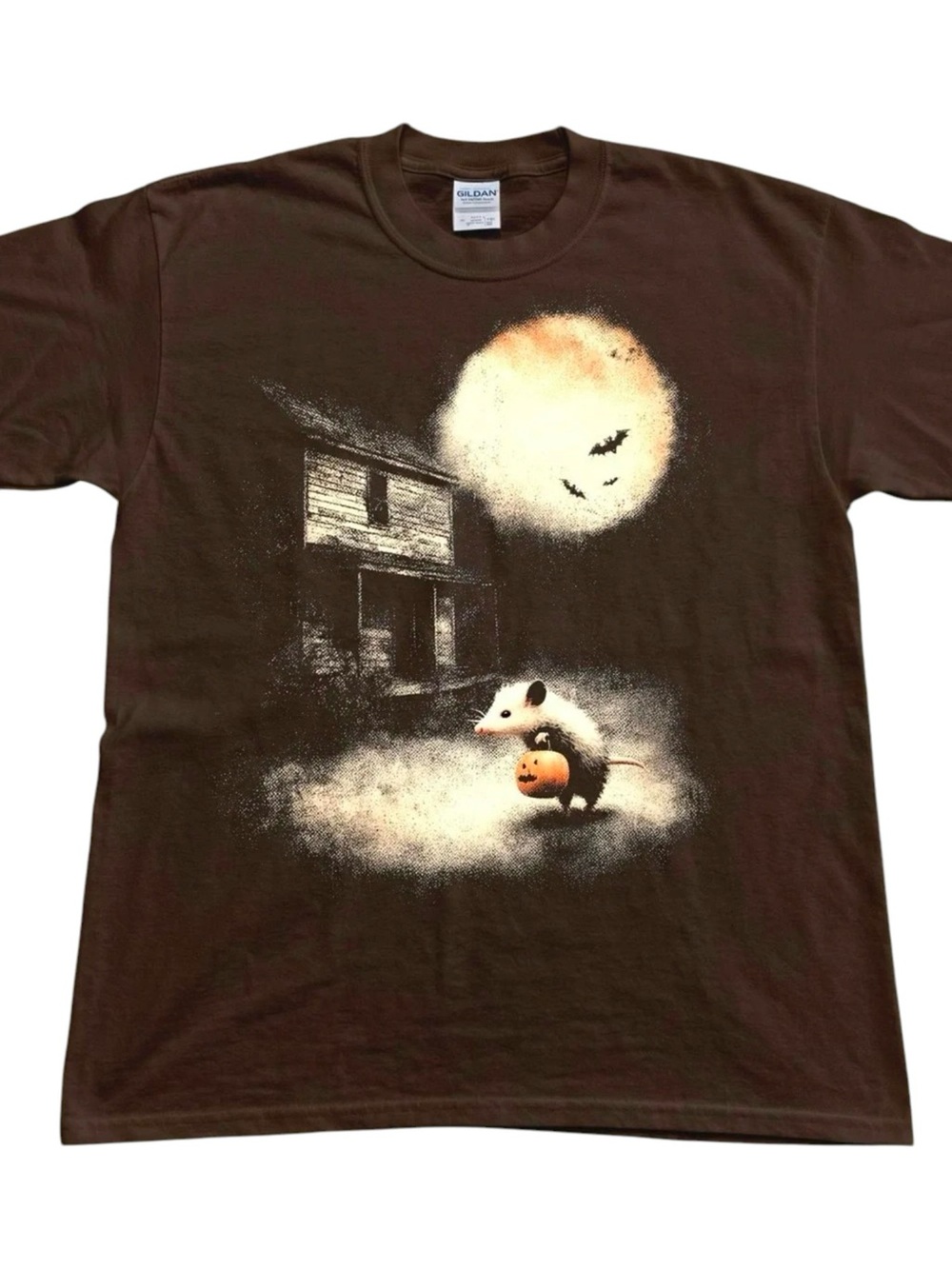 Spooky Opossum Vintage-style Haunted House Halloween Brown Graphic Tee